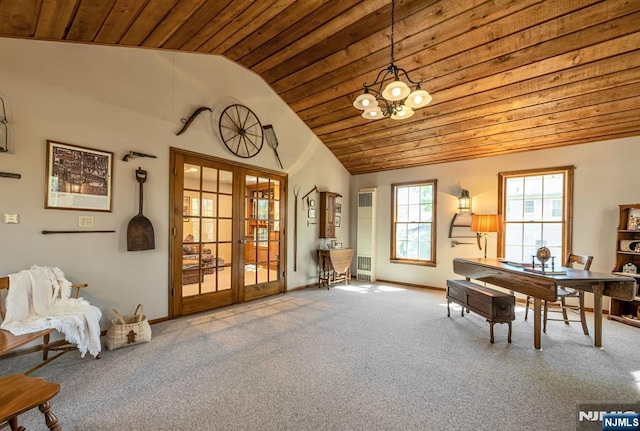 sitting room featuring baseboards, wooden ceiling, french doors, carpet flooring, and vaulted ceiling