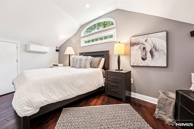18 Fairview Dr, North Caldwell, NJ 07006 - bedroom featuring a wall mounted air conditioner, dark wood-style flooring, lofted ceiling, and baseboards