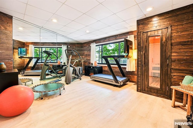 18 Fairview Dr, North Caldwell, NJ 07006 - workout area with wooden walls, wood finished floors, and recessed lighting