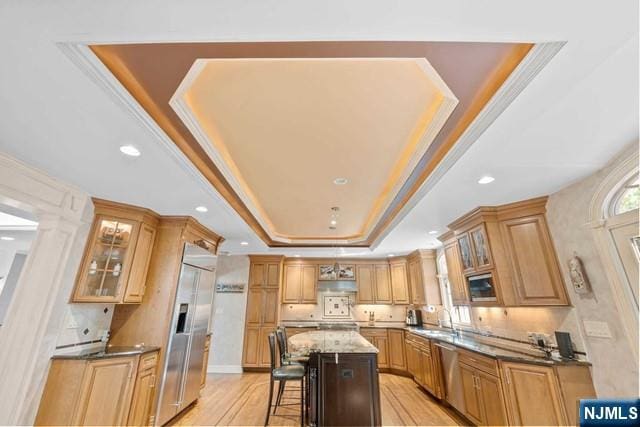 kitchen featuring ornamental molding, a kitchen bar, a center island, a tray ceiling, and stainless steel appliances