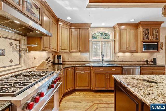 kitchen featuring light stone countertops, a sink, stainless steel appliances, backsplash, and under cabinet range hood