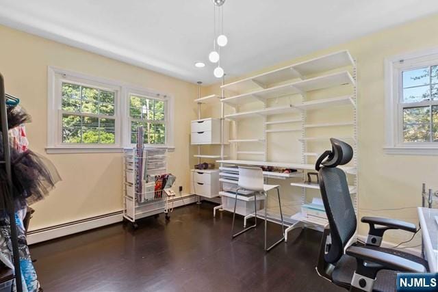 home office featuring baseboard heating and wood finished floors