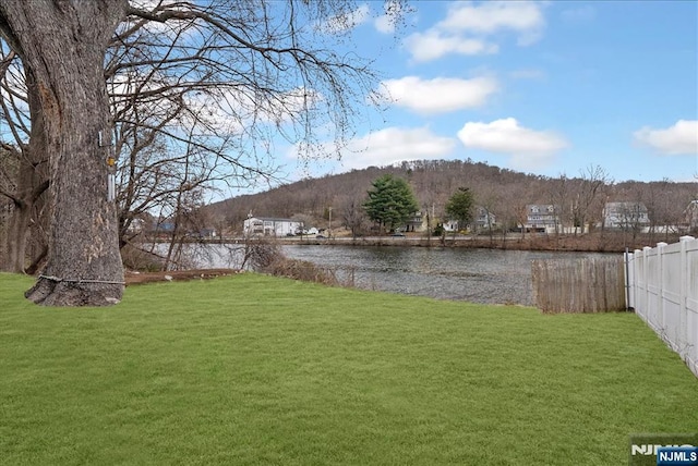 view of yard with fence and a water and mountain view