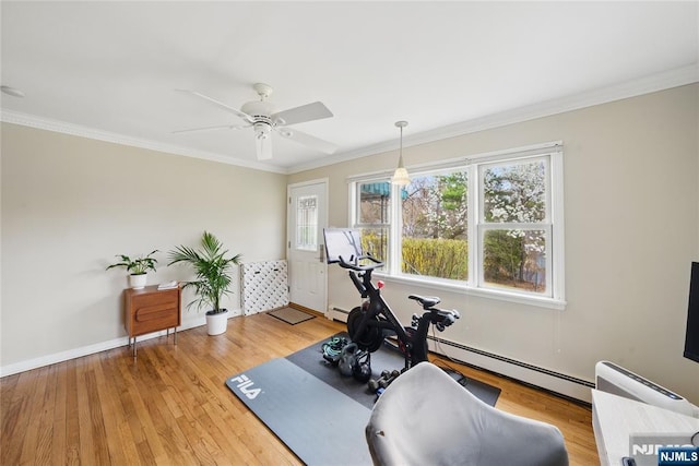 workout room featuring crown molding, baseboards, ceiling fan, and a baseboard heating unit