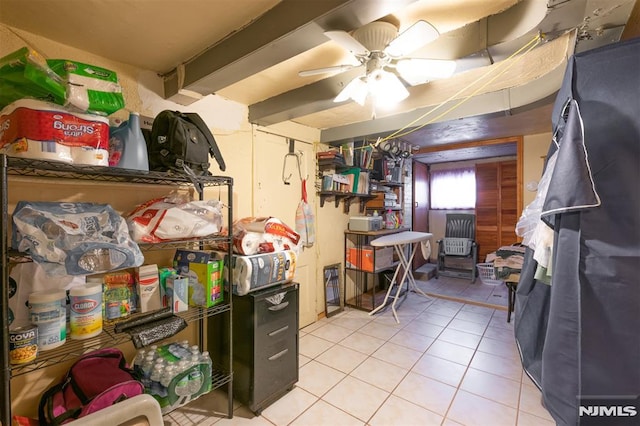 storage area featuring a ceiling fan