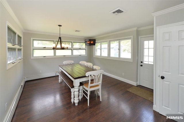 dining room with visible vents, dark wood-style flooring, baseboard heating, and an inviting chandelier