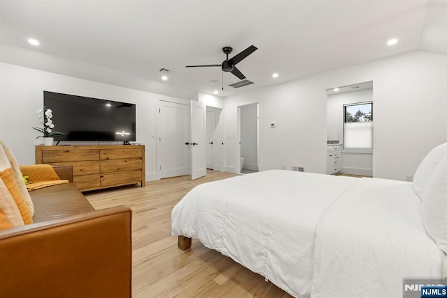 bedroom with recessed lighting, a ceiling fan, visible vents, and light wood-style flooring