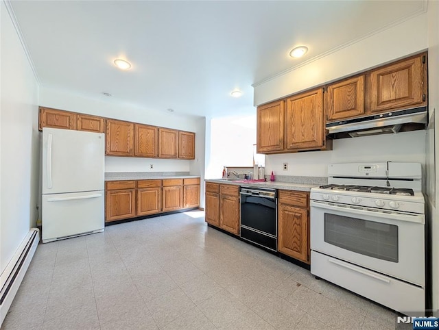 kitchen featuring white appliances, brown cabinets, under cabinet range hood, and a baseboard radiator