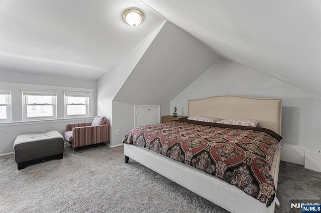bedroom featuring carpet and lofted ceiling