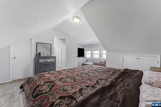 bedroom with carpet and lofted ceiling