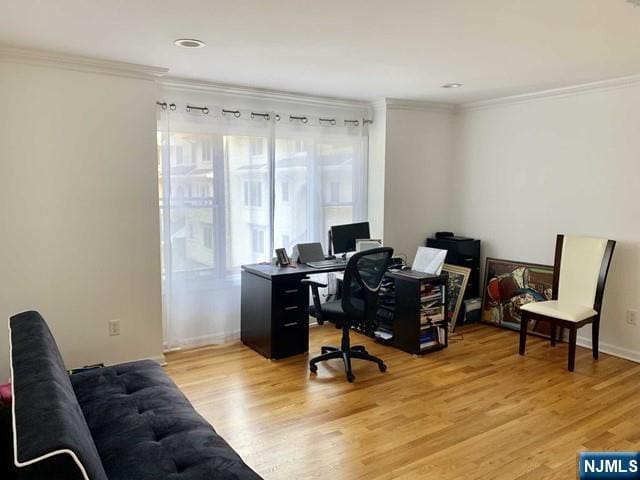 48 Legend Hills Dr, Edgewater, NJ 07020 - office area featuring baseboards, ornamental molding, and light wood-style flooring