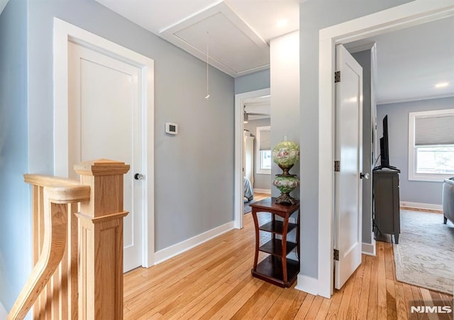 corridor with baseboards, plenty of natural light, attic access, and light wood finished floors