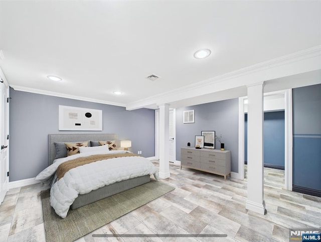bedroom with recessed lighting, baseboards, decorative columns, visible vents, and ornamental molding