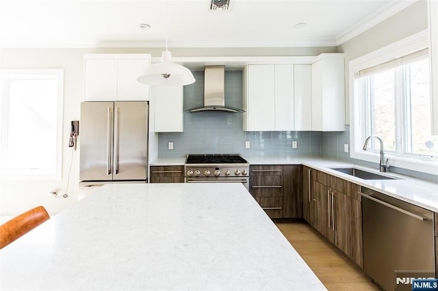 kitchen with crown molding, a sink, wall chimney exhaust hood, high end appliances, and modern cabinets