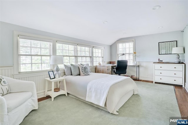 bedroom featuring wainscoting, wood finished floors, and vaulted ceiling