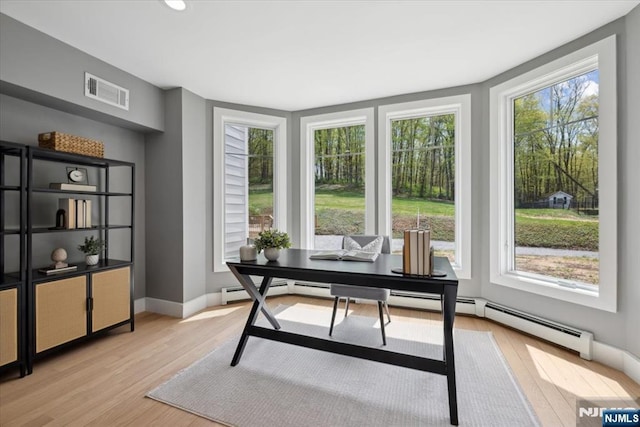 office area with baseboards, recessed lighting, light wood-style flooring, and visible vents