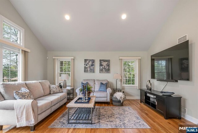 living area with light wood-style floors, baseboards, and a wealth of natural light