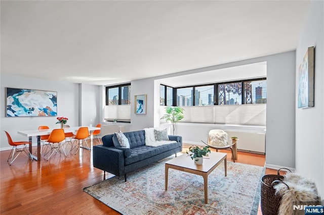 living room with baseboards and wood finished floors
