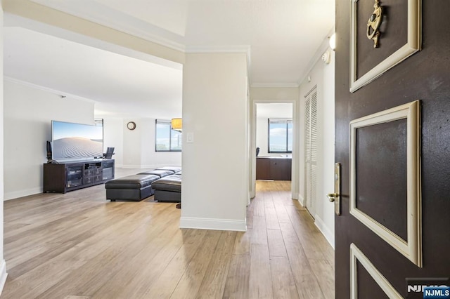 entryway featuring plenty of natural light, light wood finished floors, crown molding, and baseboards