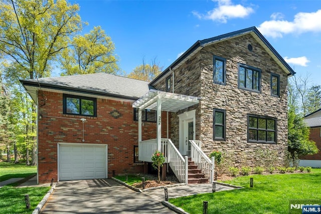 view of front facade featuring aphalt driveway, a pergola, an attached garage, a front lawn, and stone siding