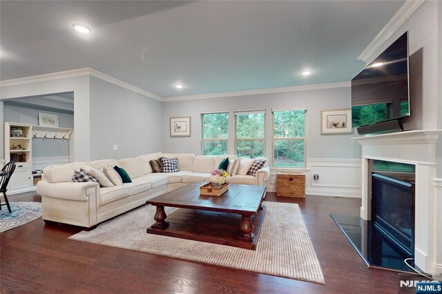 16 Marilyn Dr, Woodcliff Lake, NJ 07677 - living room with dark wood finished floors, a wainscoted wall, a glass covered fireplace, crown molding, and recessed lighting