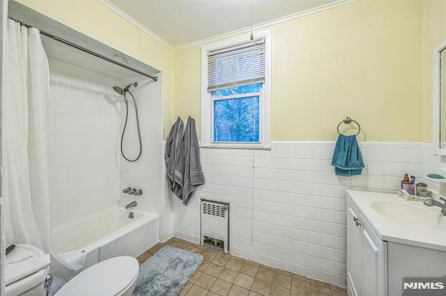 bathroom featuring crown molding, tile patterned flooring, vanity, radiator, and shower / bathtub combination with curtain