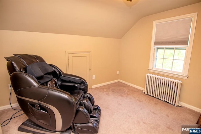 living area featuring radiator, carpet flooring, vaulted ceiling, and baseboards