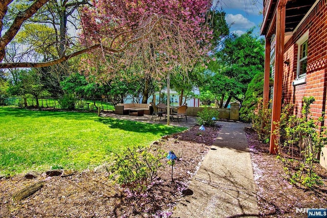 view of yard featuring outdoor lounge area, a patio, and a fenced backyard