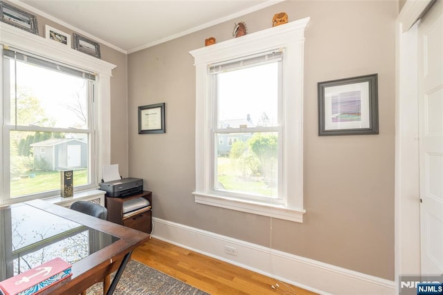 office area with ornamental molding, plenty of natural light, and wood finished floors