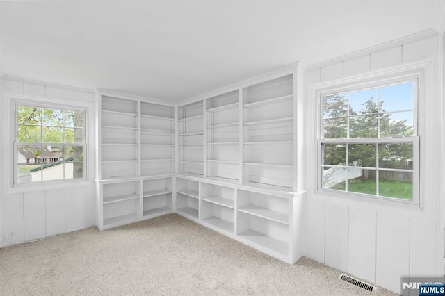 unfurnished room featuring visible vents, carpet flooring, and plenty of natural light