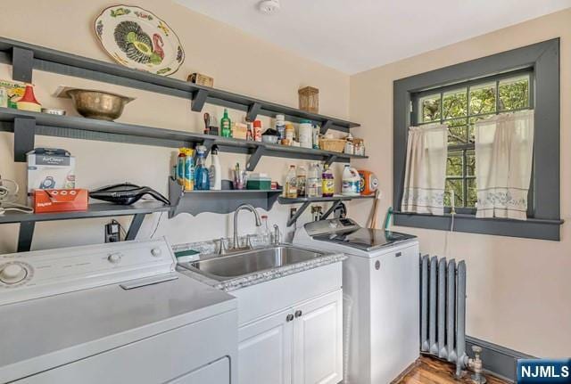 2 Wierimus Ln, Hillsdale, NJ 07642 - clothes washing area featuring cabinet space, a sink, radiator, wet bar, and washing machine and dryer