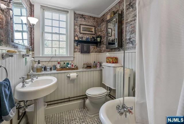 2 Wierimus Ln, Hillsdale, NJ 07642 - full bath featuring toilet, radiator heating unit, a wainscoted wall, wallpapered walls, and ornamental molding