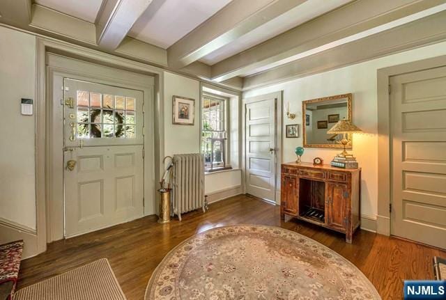 2 Wierimus Ln, Hillsdale, NJ 07642 - entrance foyer with radiator, beam ceiling, and dark wood finished floors