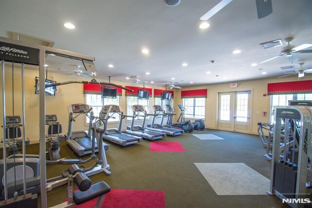 exercise room featuring carpet floors, ceiling fan, and recessed lighting