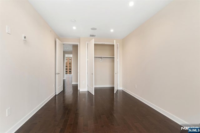 5-05 Washington Pl Unit 5-05, Cliffside Park, NJ 07010 - unfurnished bedroom with visible vents, baseboards, a closet, recessed lighting, and dark wood-type flooring