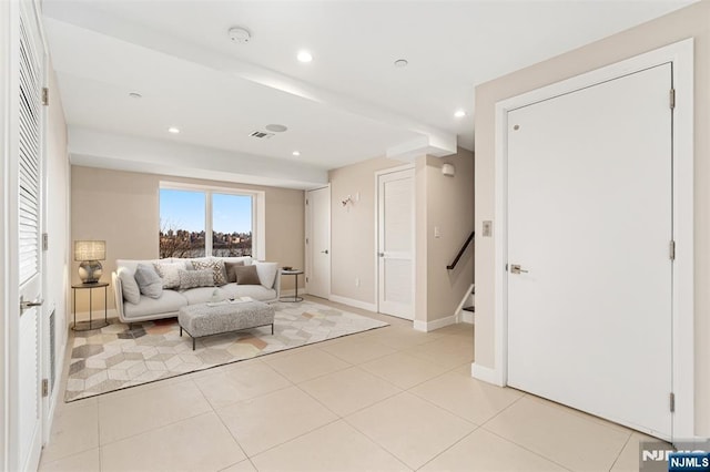 5-05 Washington Pl Unit 5-05, Cliffside Park, NJ 07010 - living room with recessed lighting, baseboards, light tile patterned flooring, and stairway