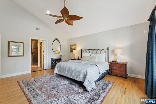 bedroom with visible vents, baseboards, ceiling fan, and wood finished floors