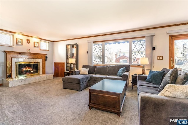 carpeted living room with ornamental molding and a fireplace