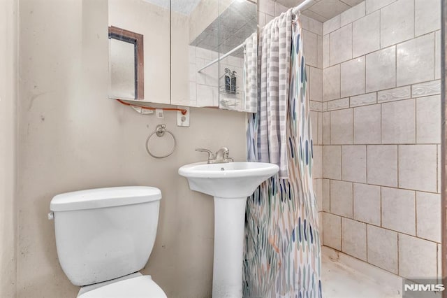 full bathroom featuring a sink, a shower stall, and toilet