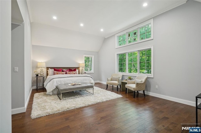 bedroom with baseboards, vaulted ceiling, recessed lighting, and hardwood / wood-style floors