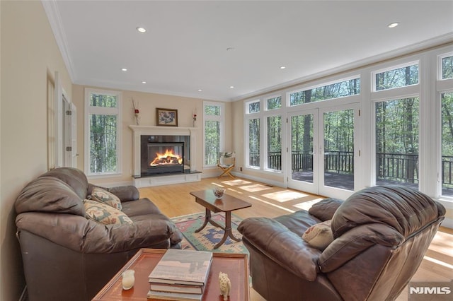 living area featuring ornamental molding, light wood-style flooring, and plenty of natural light