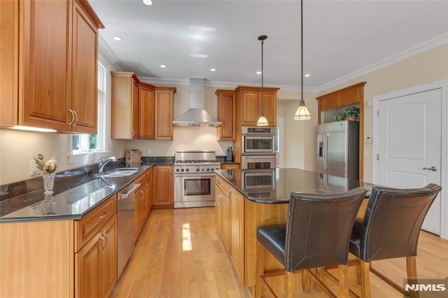 kitchen with ornamental molding, wall chimney exhaust hood, a sink, light wood finished floors, and stainless steel appliances