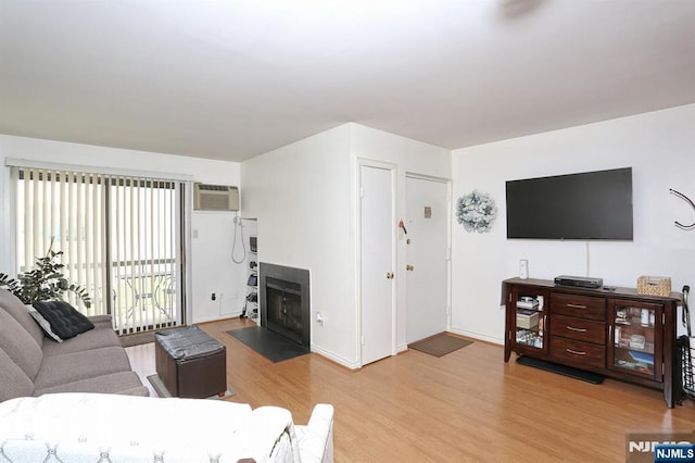 living room featuring a fireplace with flush hearth and light wood-type flooring