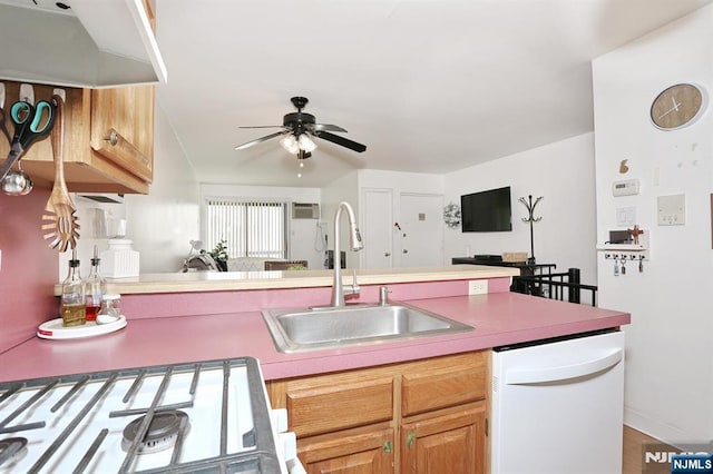 kitchen featuring a sink, dishwasher, a ceiling fan, open floor plan, and a peninsula