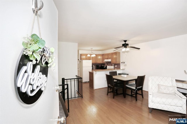 interior space featuring ceiling fan with notable chandelier and light wood-type flooring