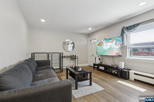 living room with recessed lighting and wood finished floors