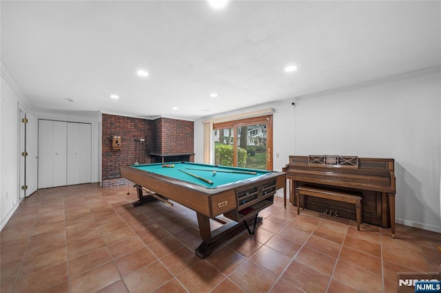 recreation room with recessed lighting, ornamental molding, pool table, and tile patterned floors