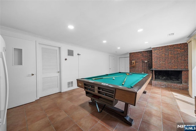 game room featuring a brick fireplace, recessed lighting, visible vents, and billiards