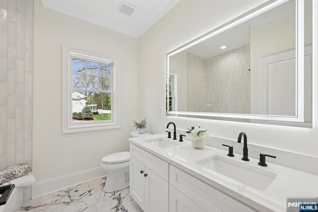 full bath with visible vents, a sink, marble finish floor, and toilet