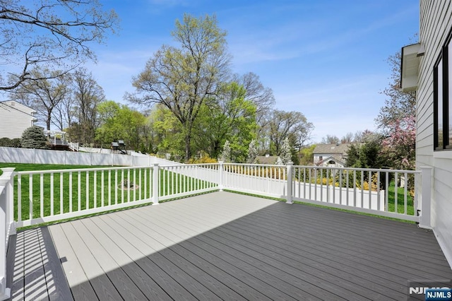 wooden deck featuring a fenced backyard and a yard